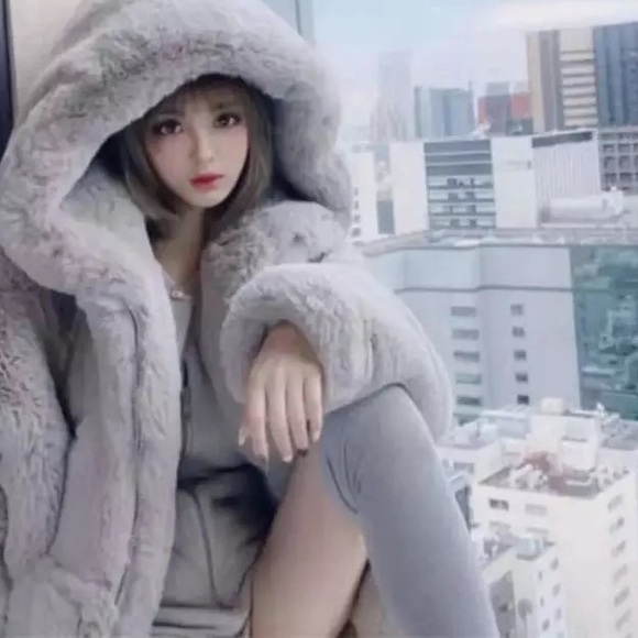 Fur coat gray zipper hoodie jacket womens pocket fuzzy faux fur hoodie - Picture 9 of 11